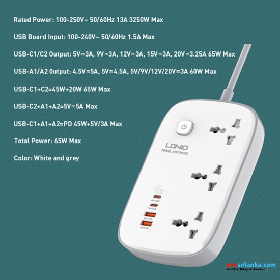LDNIO SC3416 3 AC Outlets 4 USB Power Strip (6M)